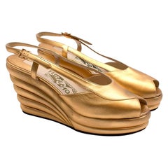 Salvatore Ferragamo Gold Leather Dotted Limited Ed. 1942 Wedge Shoes Size EU 38