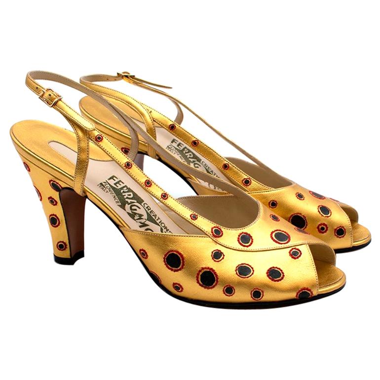 Salvatore Ferragamo Gold Leather Dotted Limited Edition 1930's Shoes Size  EU 38 For Sale at 1stDibs