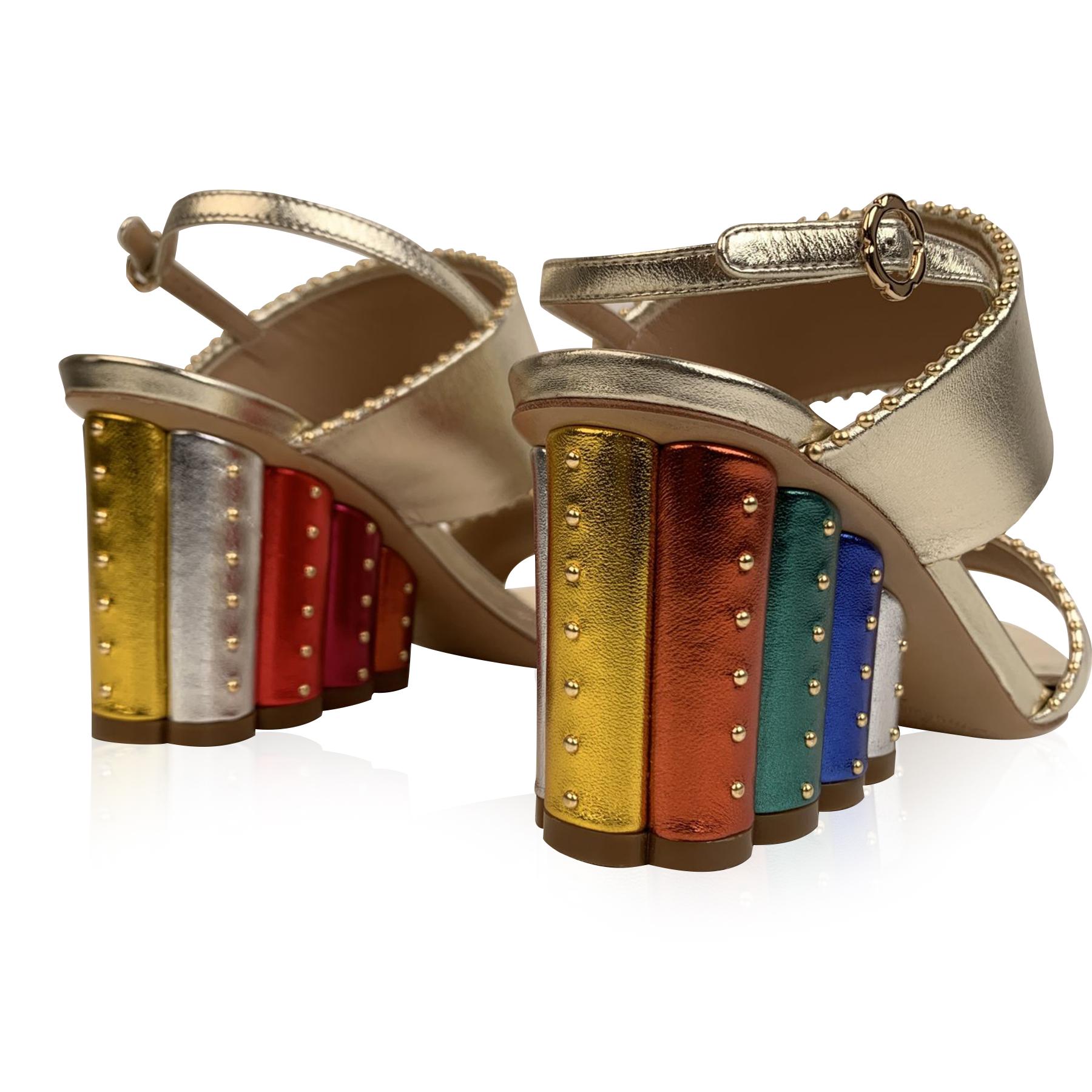Women's Salvatore Ferragamo Gold Leather Gavi Heeled Sandals US 7C EU 37.5