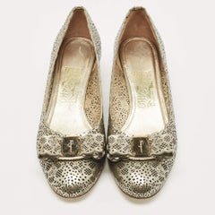 Salvatore Ferragamo Gold Leather Laser Cut Vara Pumps Size 37.5