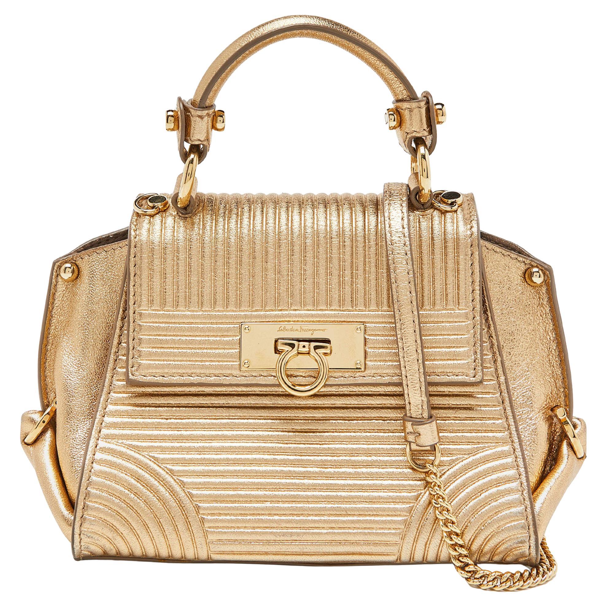 Salvatore Ferragamo Gold Leather Mini Sofia Top Handle Bag For Sale