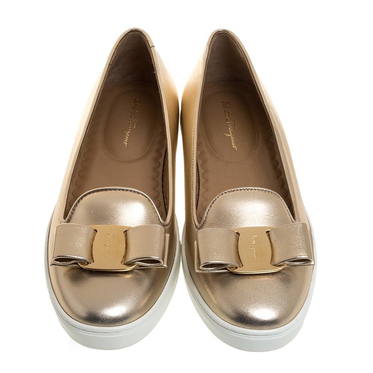 Salvatore Ferragamo Gold Leather Novello Bow Slip On Sneakers Size 36.5 at  1stDibs