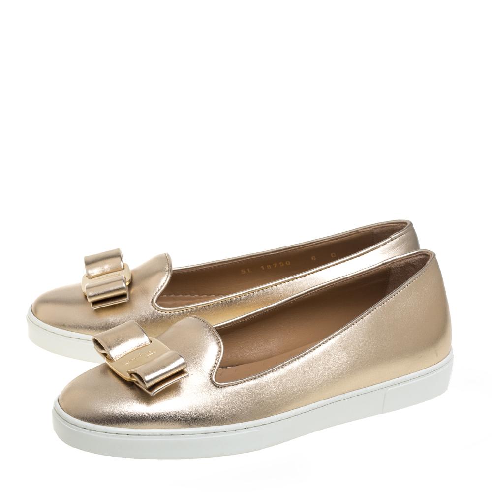 Women's Salvatore Ferragamo Gold Leather Novello Bow Slip On Sneakers Size 36.5