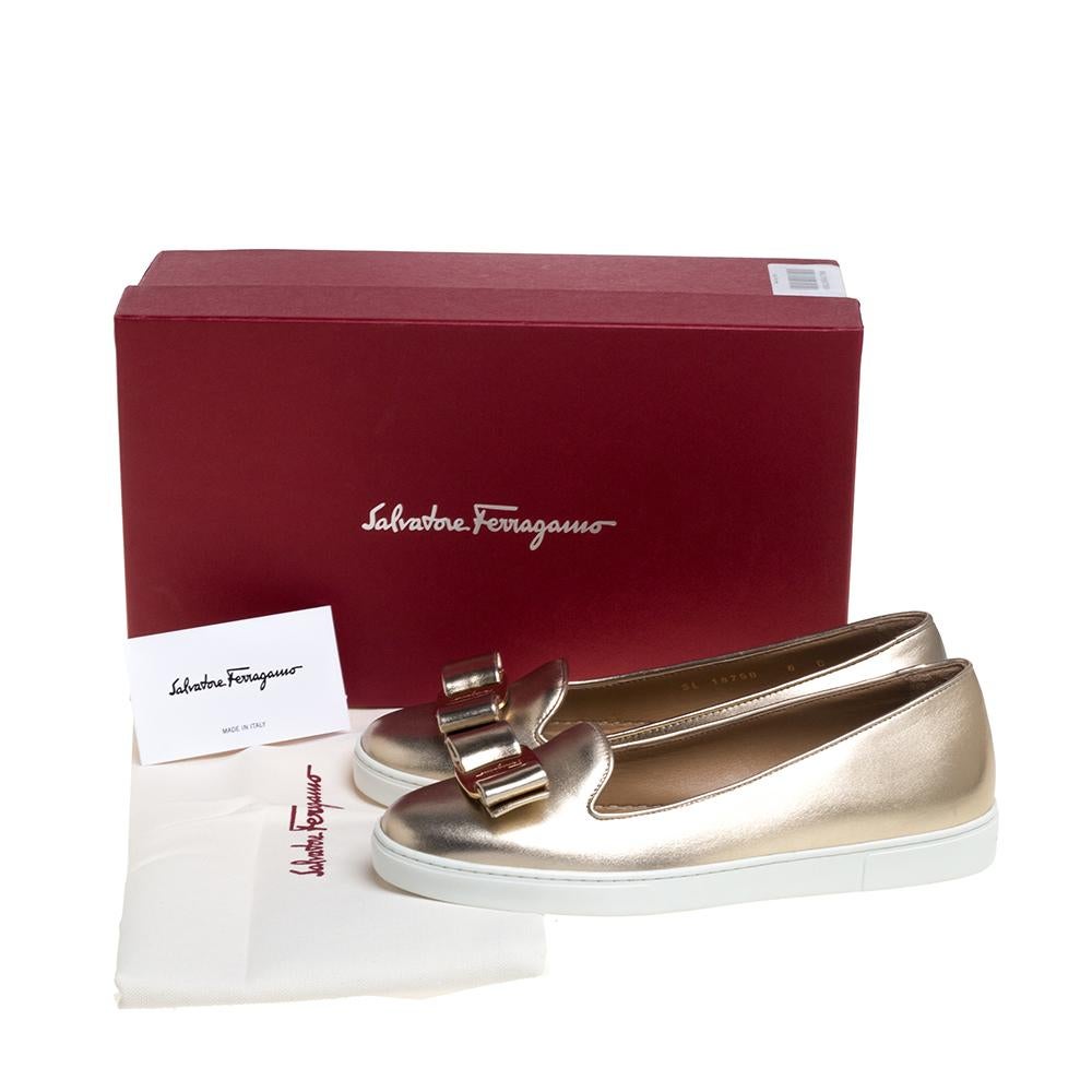 Salvatore Ferragamo Gold Leather Novello Bow Slip On Sneakers Size 36.5 1