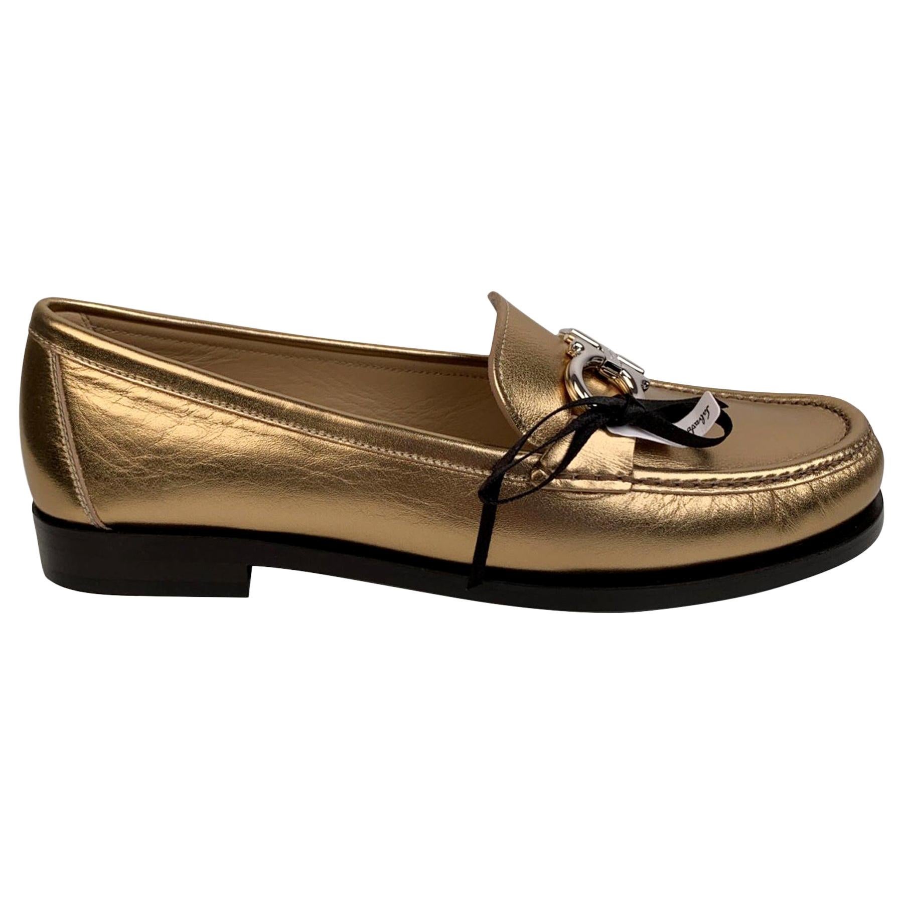 Salvatore Ferragamo Gold Leather Rolo Loafers Moccassins Size US 7C EU 37.5C