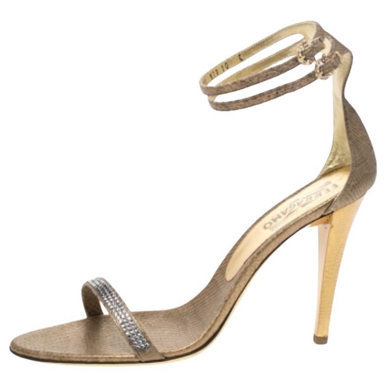 Salvatore Ferragamo Gold Snakeskin Tirosana Ankle Strap Sandals Size 40.5 en vente