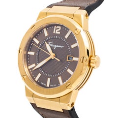 Salvatore Ferragamo Gold Tone Stainless Steel & Leather Men's Wristwatch 44 mm