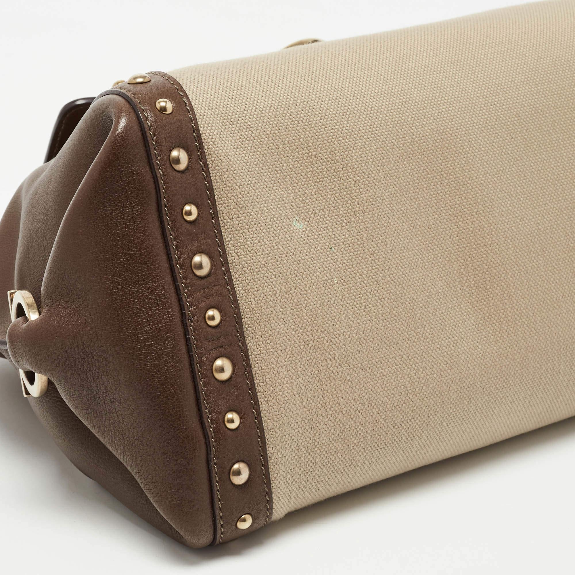 Salvatore Ferragamo Green/Beige Canvas and Leather Medium Sofia Top Handle Bag 6