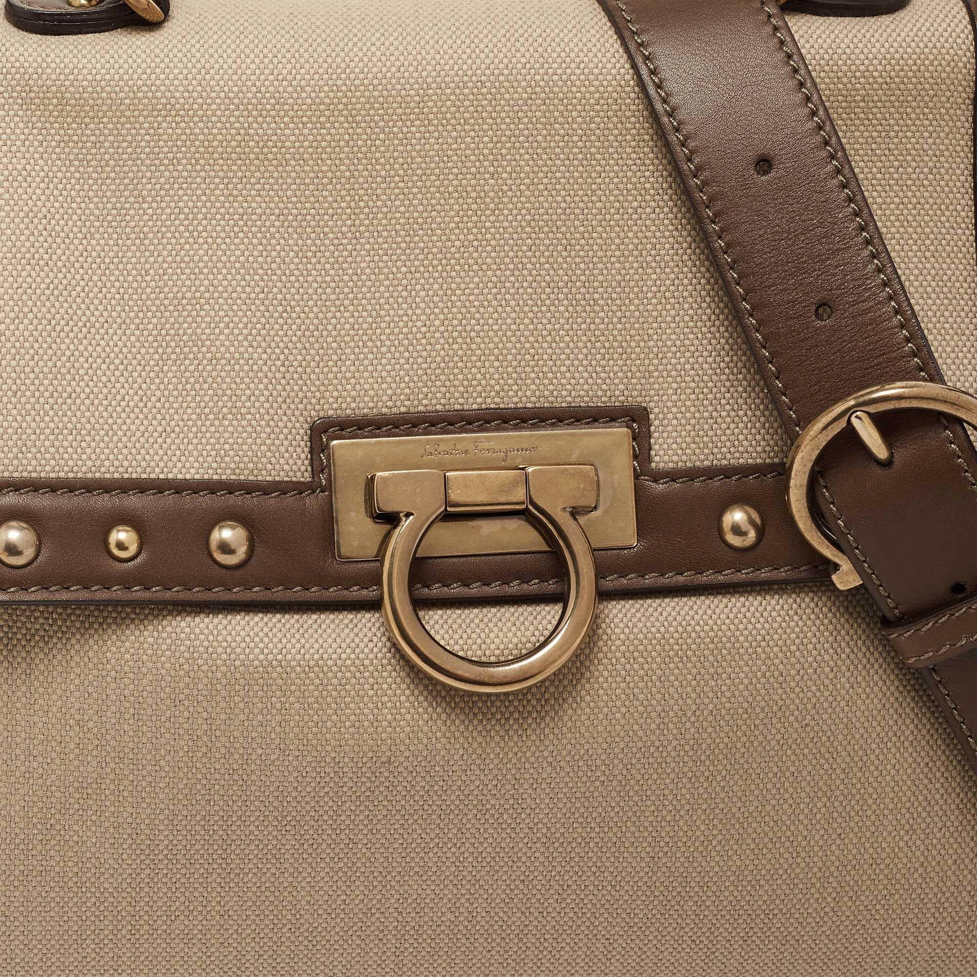 Salvatore Ferragamo Green/Beige Canvas and Leather Medium Sofia Top Handle Bag 7