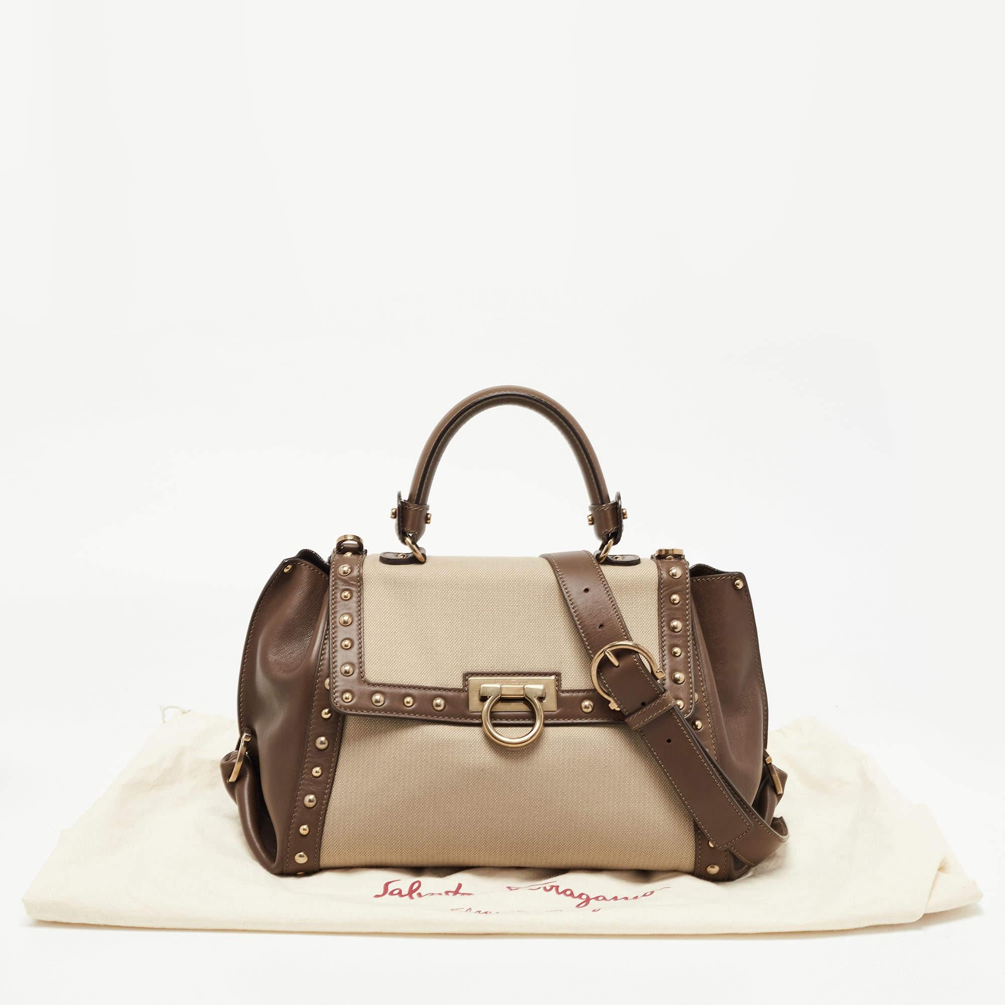 Salvatore Ferragamo Green/Beige Canvas and Leather Medium Sofia Top Handle Bag 9