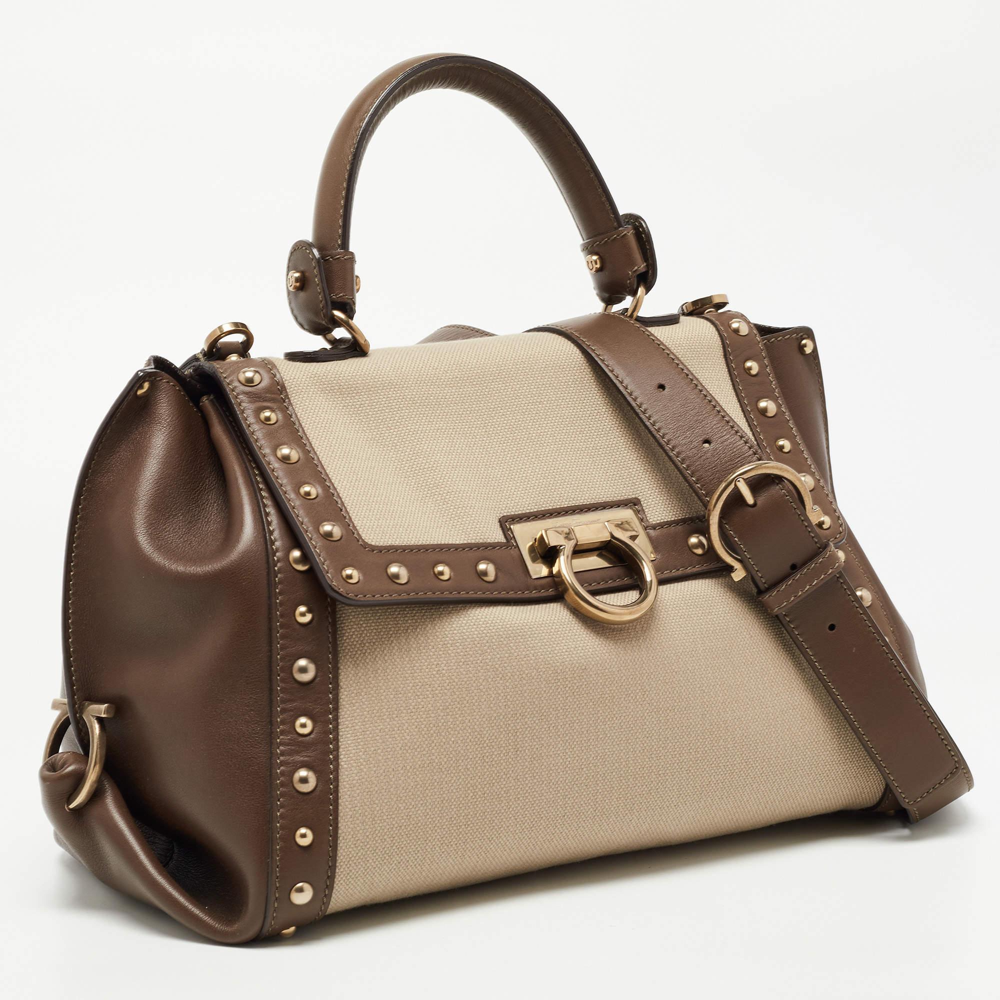 Salvatore Ferragamo Green/Beige Canvas and Leather Medium Sofia Top Handle Bag In Good Condition In Dubai, Al Qouz 2