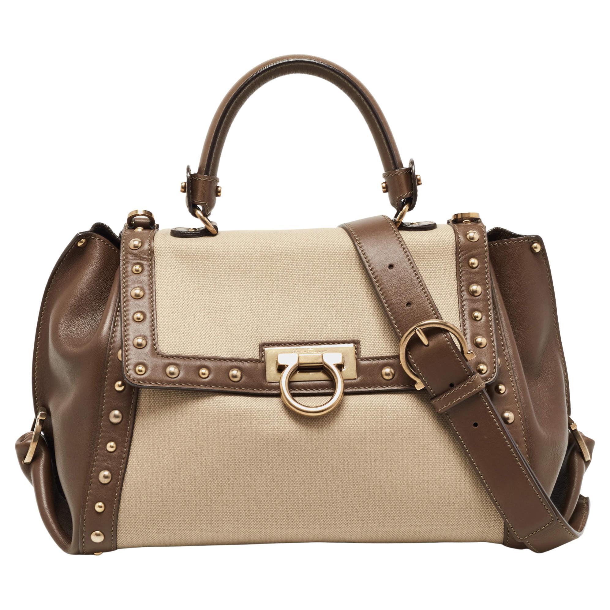 Salvatore Ferragamo Green/Beige Canvas and Leather Medium Sofia Top Handle Bag