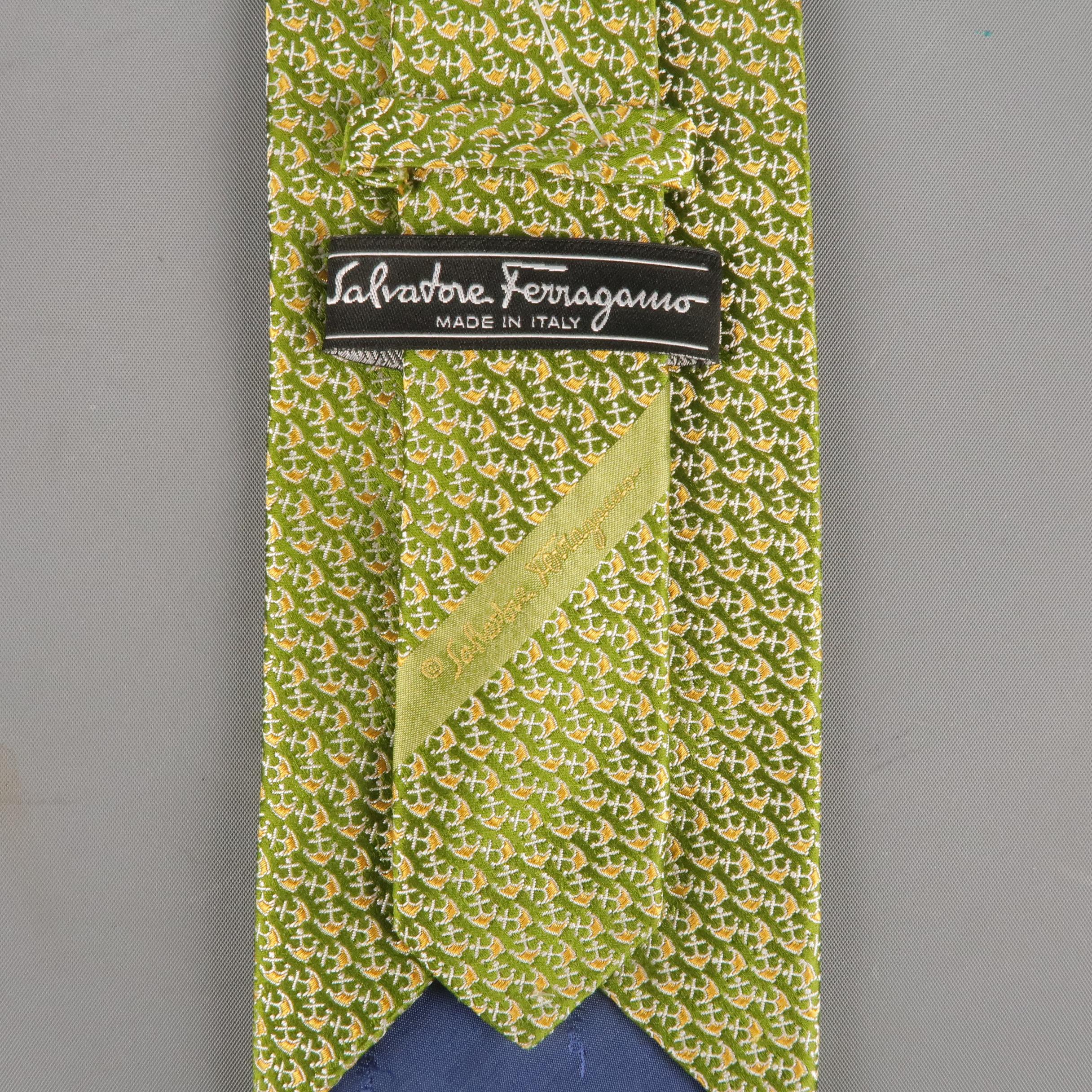 SALVATORE FERRAGAMO Green & Gold Anchor Print Silk Tie In Excellent Condition In San Francisco, CA