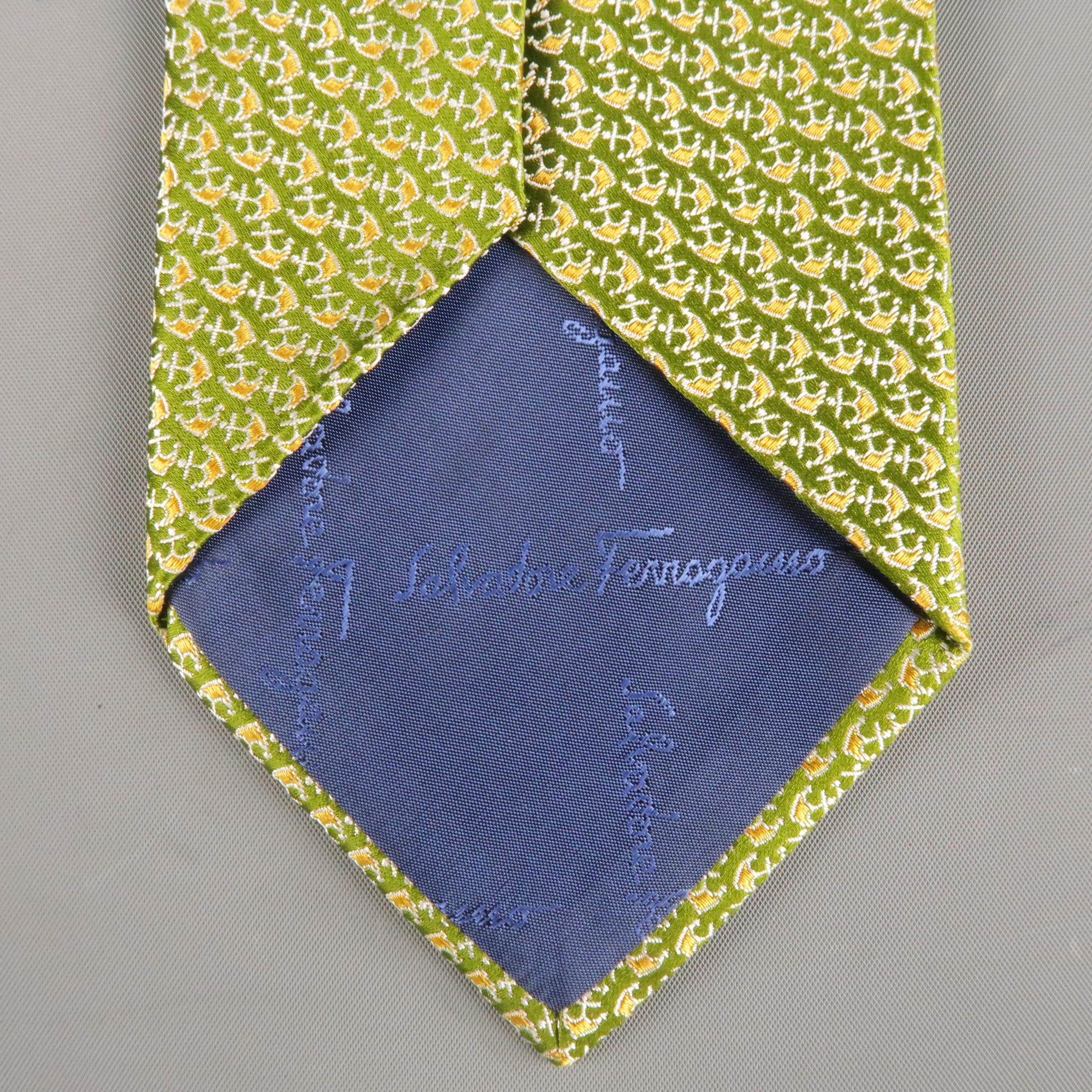 Men's SALVATORE FERRAGAMO Green & Gold Anchor Print Silk Tie