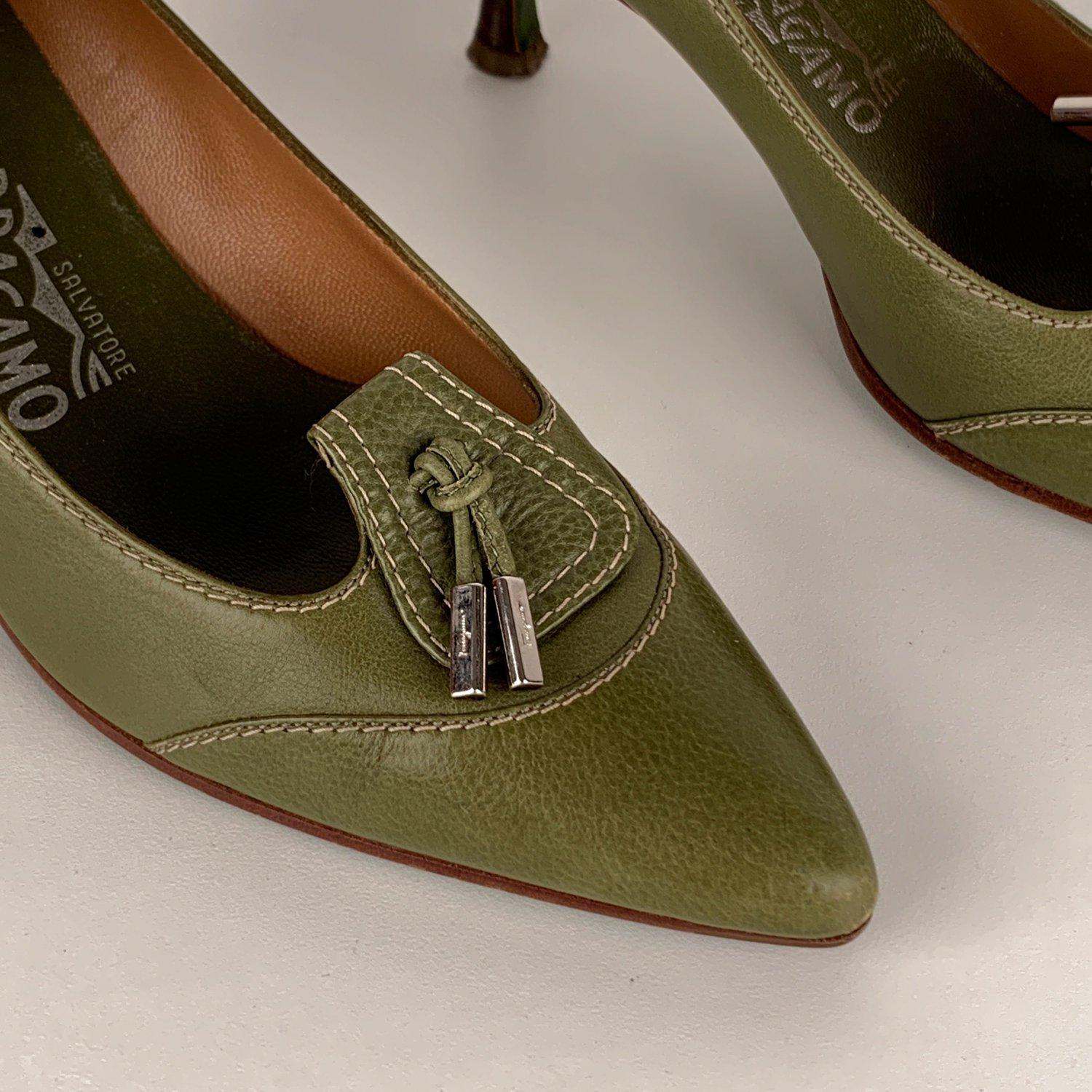 Salvatore Ferragamo Green Leather Heels Pumps Shoes Size 7, 5 5