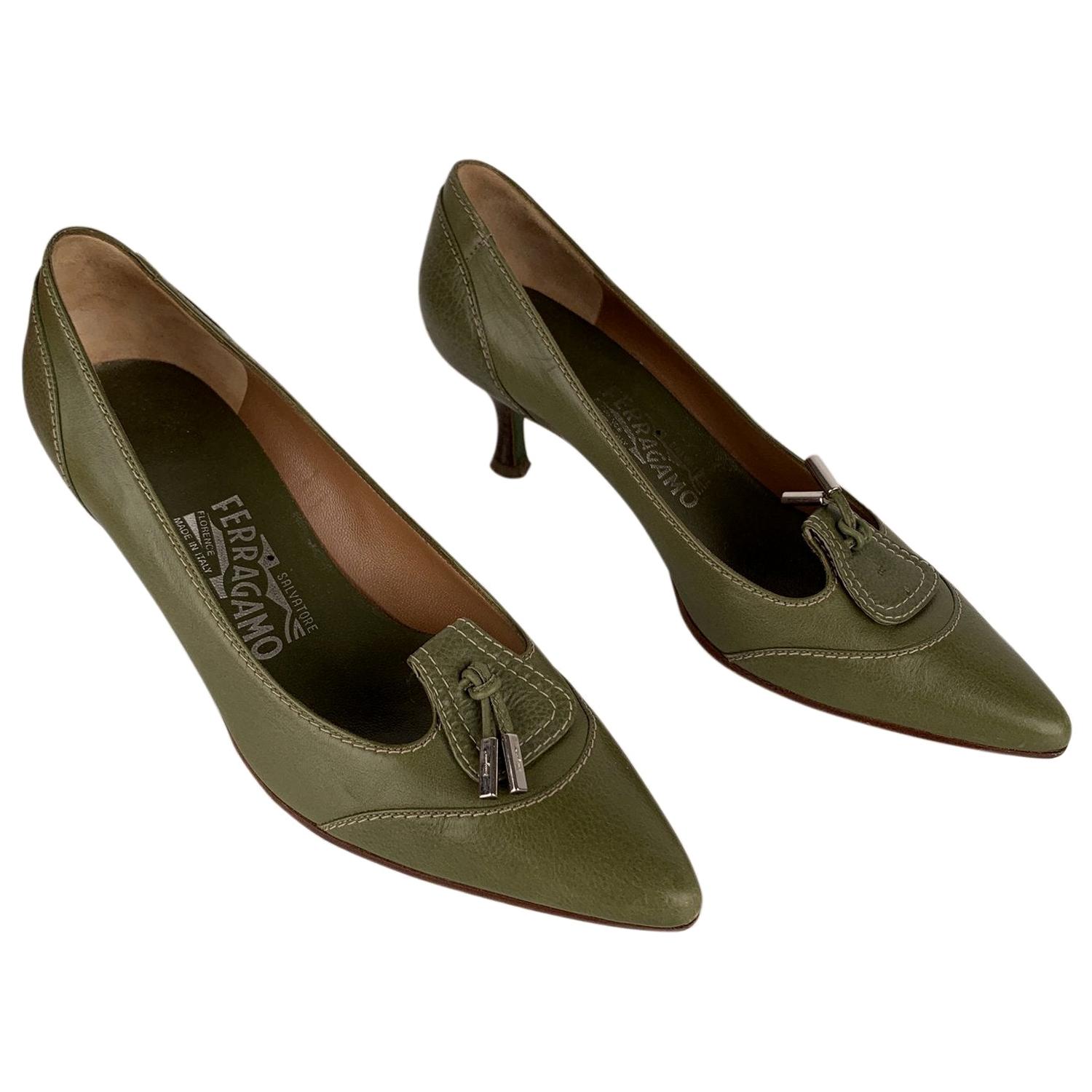 Salvatore Ferragamo Green Leather Heels Pumps Shoes Size 7, 5