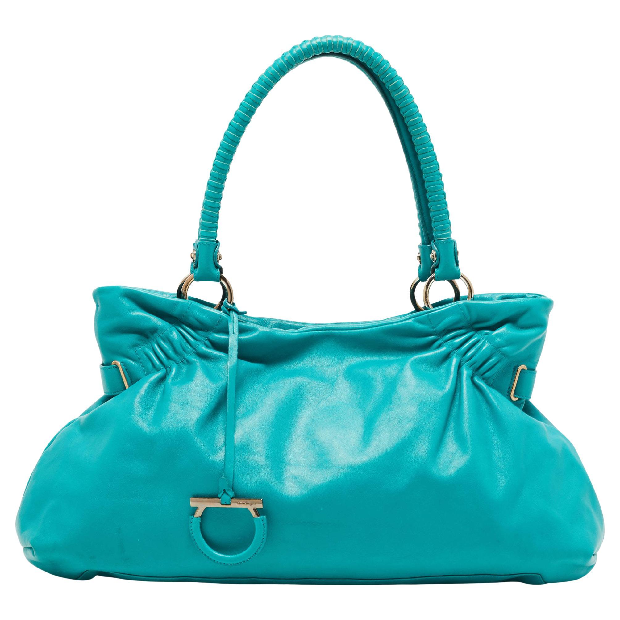Salvatore Ferragamo Green Leather Pleated Tote For Sale at 1stDibs