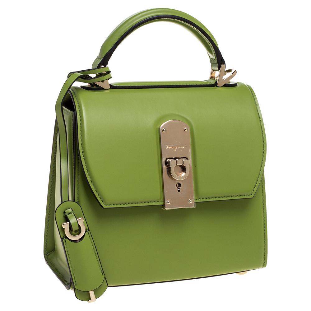 Brown Salvatore Ferragamo Green Leather Small Boxyz Top Handle Bag
