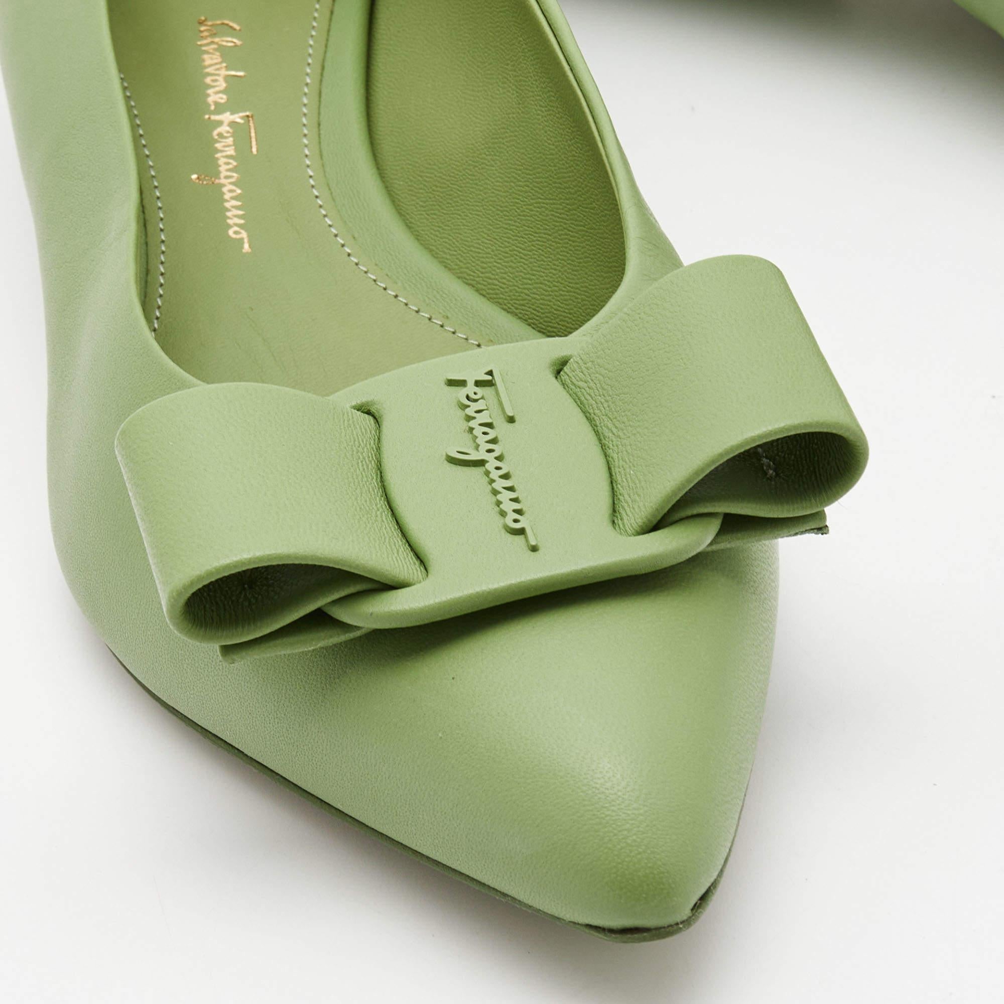 Salvatore Ferragamo Green Leather Viva Bow Ballet Flats Size 39 1