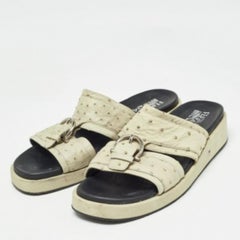 Salvatore Ferragamo Green Ostrich Leather Lufti Flat Slides Size 43