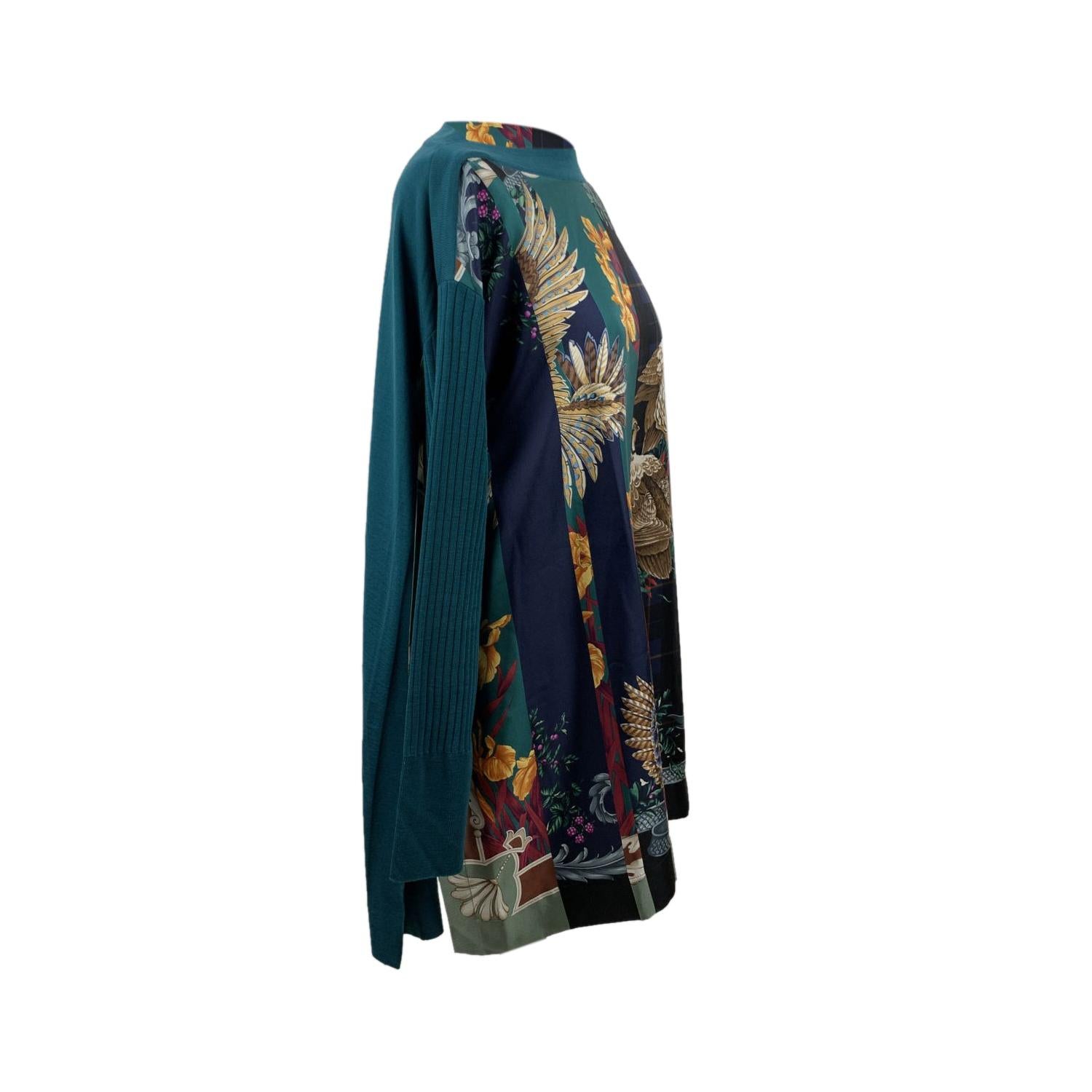 Salvatore Ferragamo green patchwork 'Peacock' printed blouse. Boat neckline. Long sleeve styling . Long length. Composition: 100% silk. - 100% wool. Size: L (The size shown for this item is the size indicated by the designer on the label). Made in