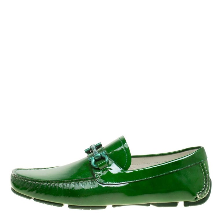 Salvatore Ferragamo Green Patent Leather Parigi Gancini Driver Loafers