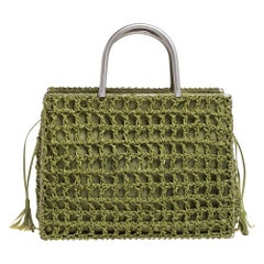 Salvatore Ferragamo Green Woven Leather and Canvas Metal Handle Tote