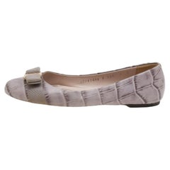 Salvatore Ferragamo Grey Croc Embossed Leather Varina Ballet Flats Size 37.5