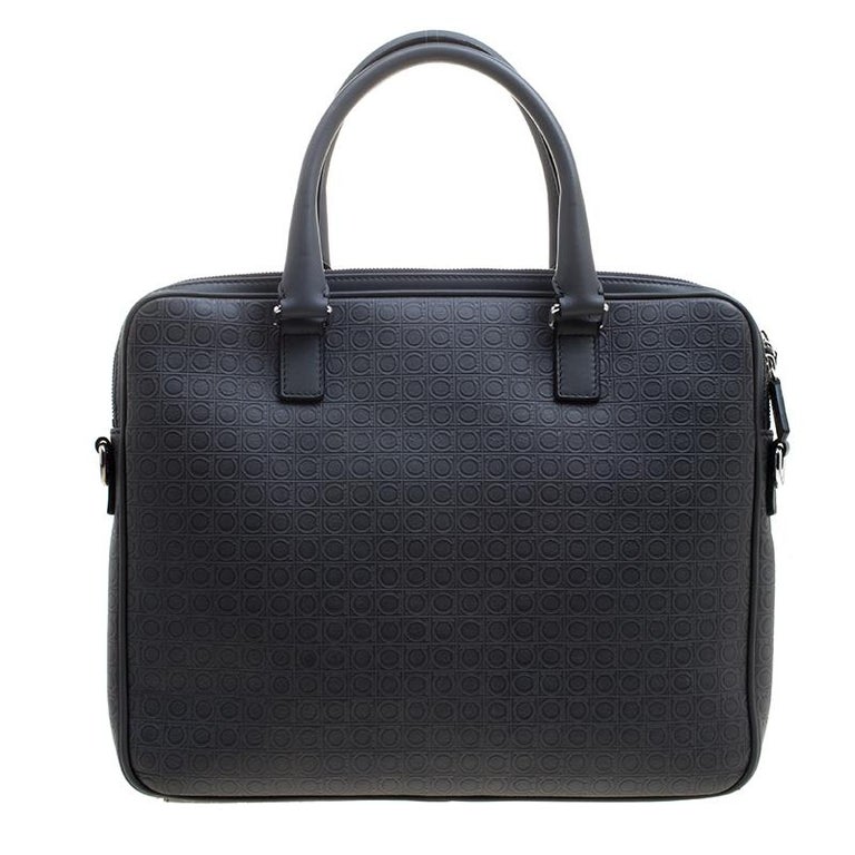 Salvatore Ferragamo Grey Embossed Leather Laptop Bag For Sale at ...