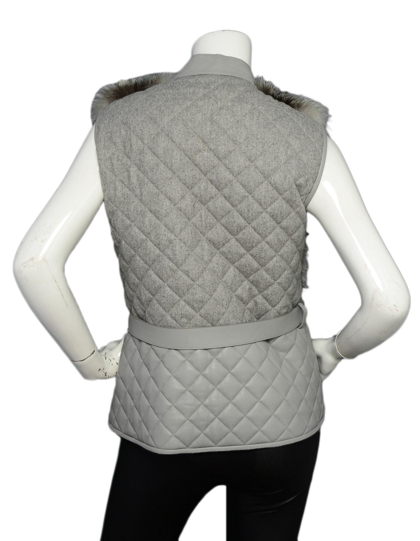 Gray Salvatore Ferragamo Grey Leather Quilted Vest w/ Belt & Fur Detail sz 42