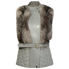 Salvatore Ferragamo Grey Leather Quilted Vest w/ Belt & Fur Detail sz 42