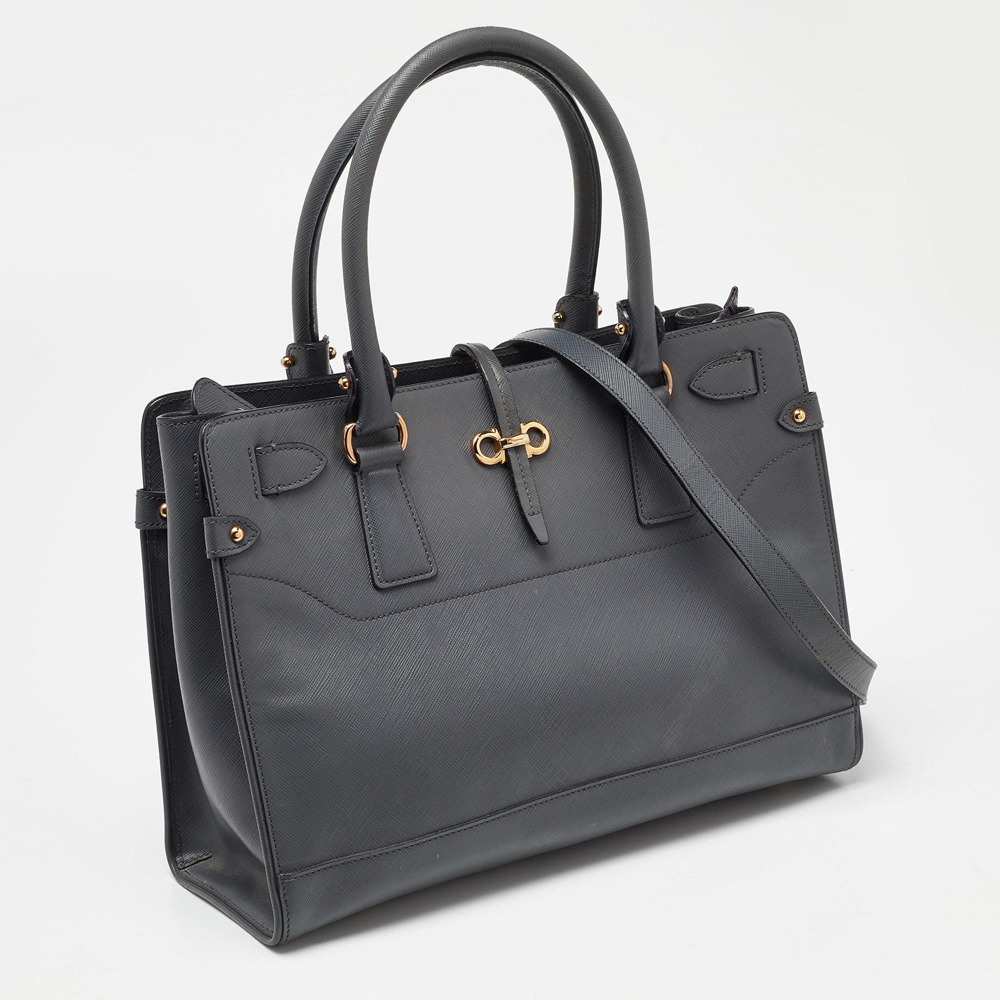 Black Salvatore Ferragamo Grey Leather Small Briana Tote