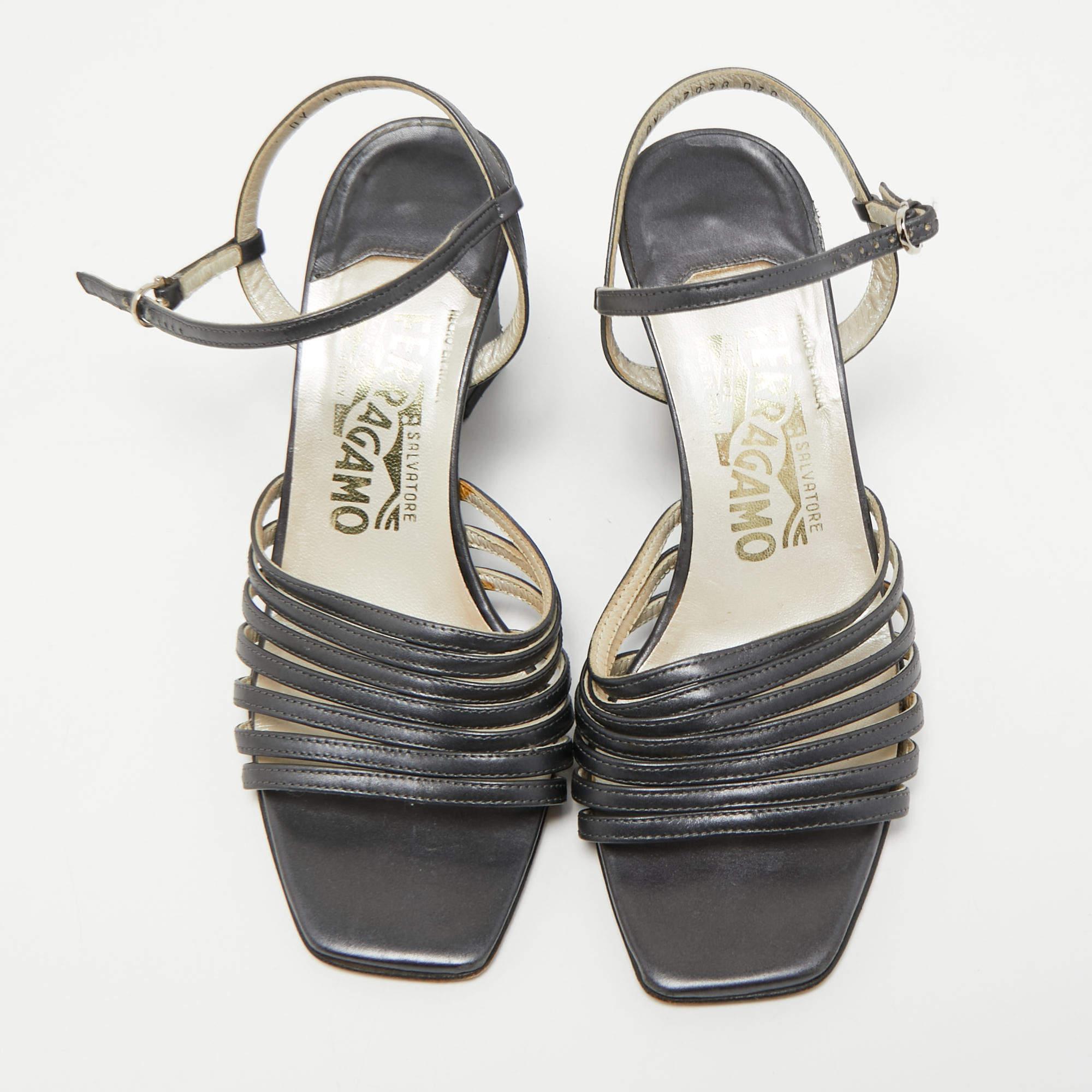 Gray Salvatore Ferragamo Grey Leather Strappy Wedge Sandals Size 36.5 For Sale