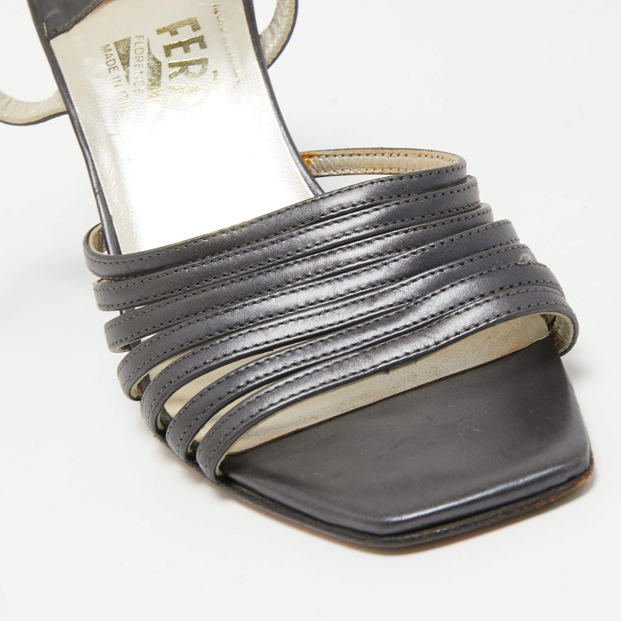 Salvatore Ferragamo Grey Leather Strappy Wedge Sandals Size 36.5 For Sale 3