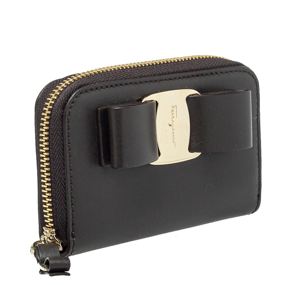 Black Salvatore Ferragamo Grey Leather Vara Bow Coin Purse