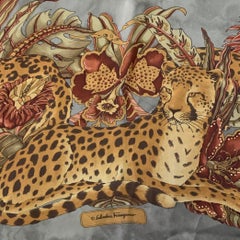 SALVATORE FERRAGAMO Grey Orange Red Leopard Floral Silk Scarf Shawl