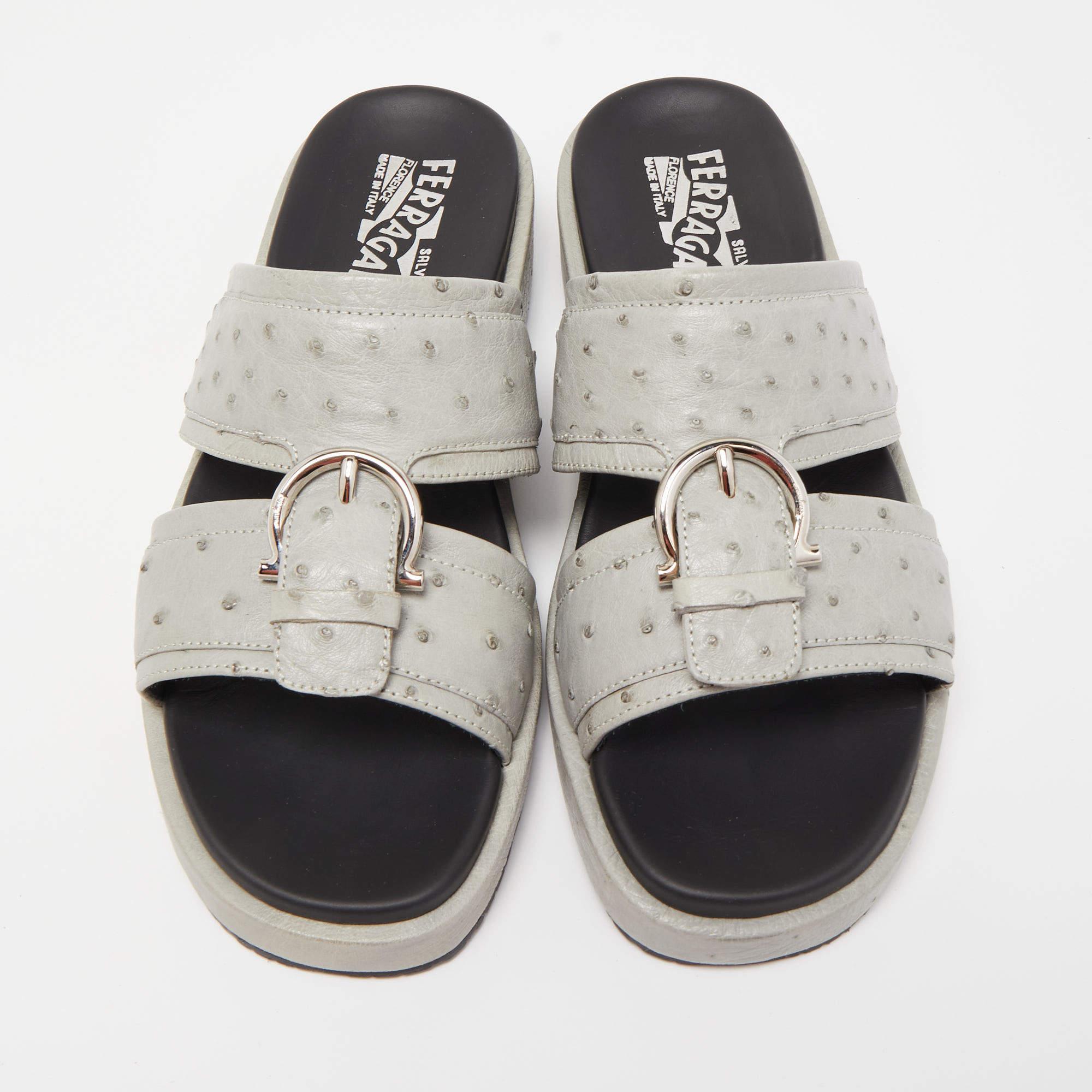 Salvatore Ferragamo Grey Ostrich Leather Lufti Buckle Detail Slide Sandals  1