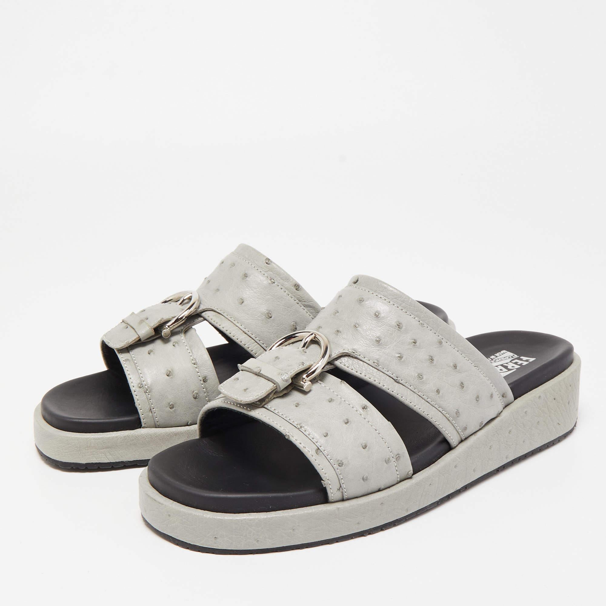 Salvatore Ferragamo Grey Ostrich Leather Lufti Buckle Detail Slide Sandals  3