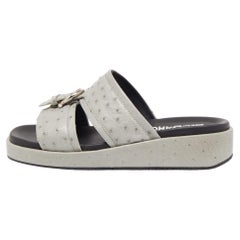 Salvatore Ferragamo Grey Ostrich Leather Lufti Buckle Detail Slide Sandals 