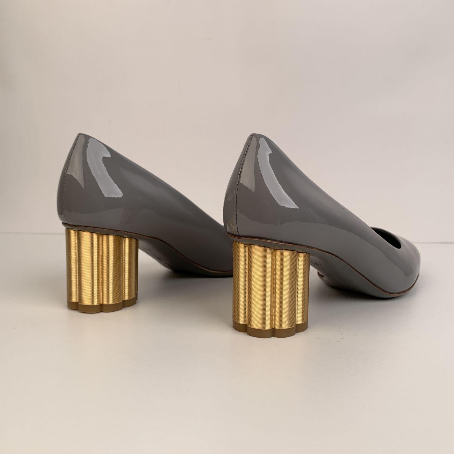 Gray Salvatore Ferragamo Grey Patent Leather Lucca 55 Heels US 7C EU 37.5
