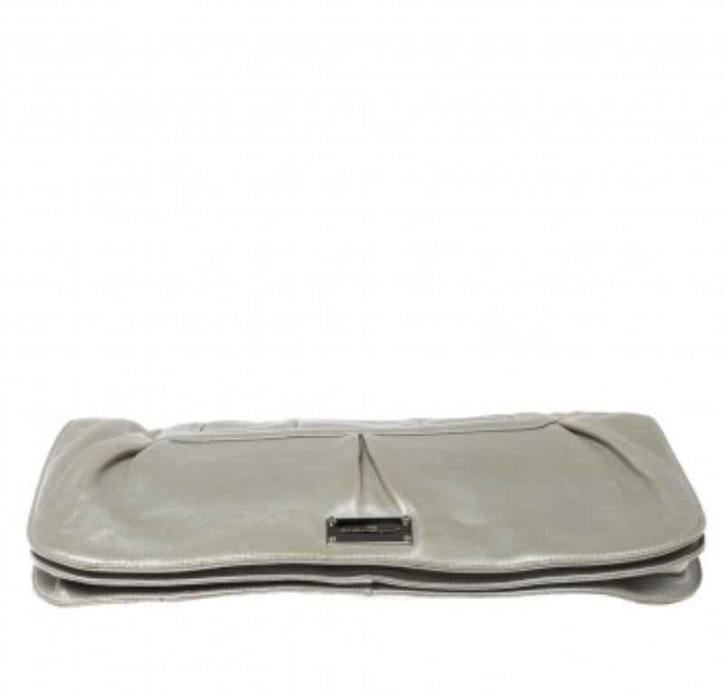 Gray Salvatore Ferragamo Grey Pleated Leather Oversized Clutch For Sale