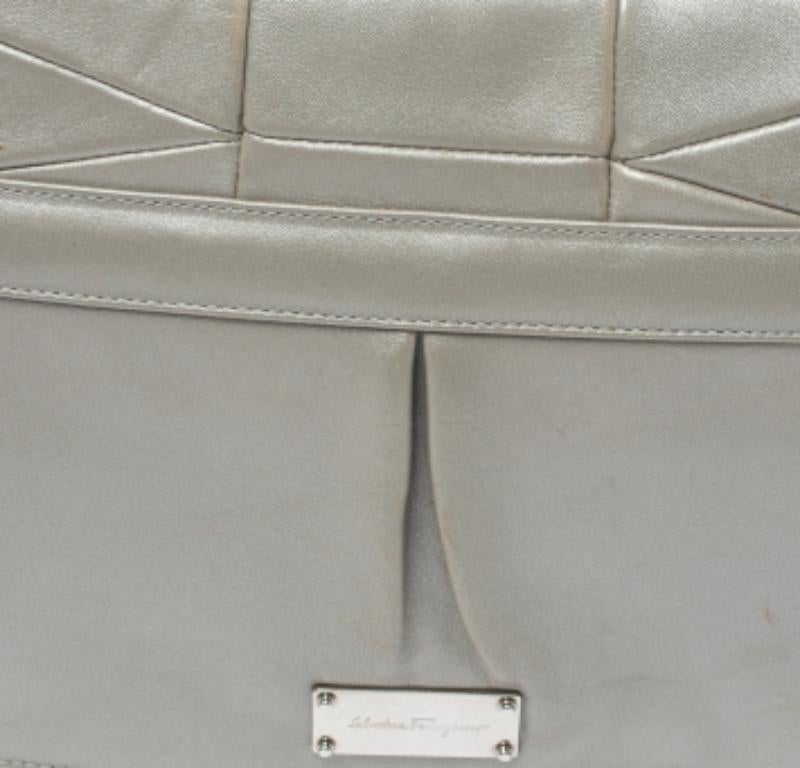 Salvatore Ferragamo Grey Pleated Leather Oversized Clutch For Sale 2