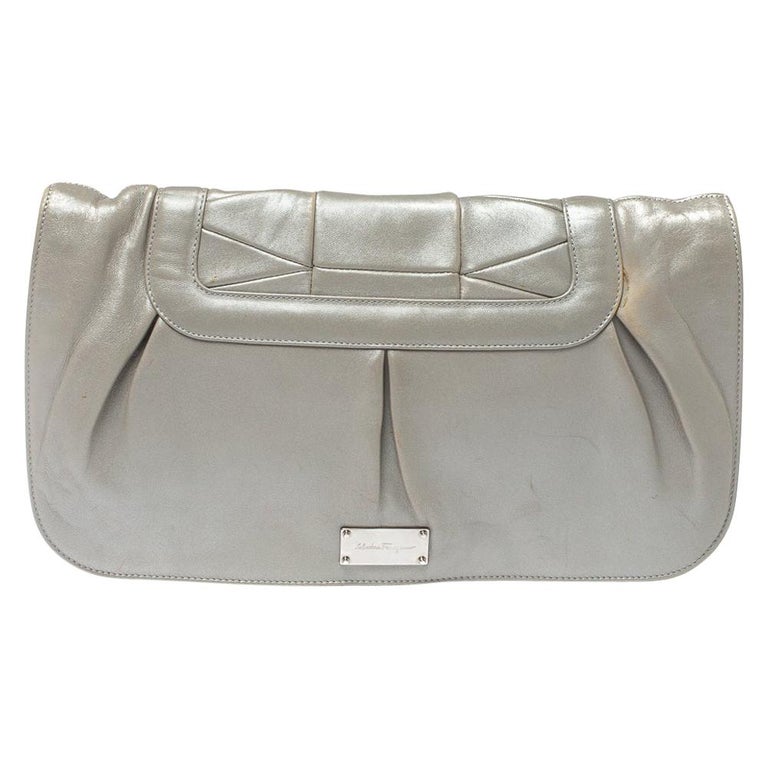 Salvatore Ferragamo Grey Pleated Leather Oversized Clutch For Sale at  1stDibs | oversized clutch bag, oversized silver clutch bag, oversized  white clutch