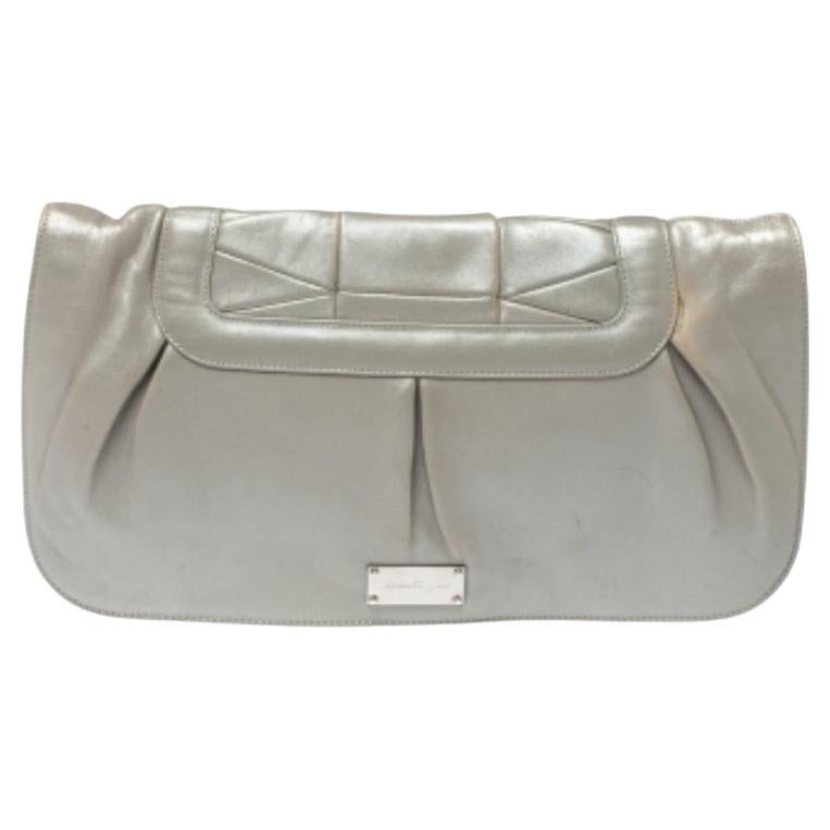 Salvatore Ferragamo Grey Pleated Leather Oversized Clutch For Sale