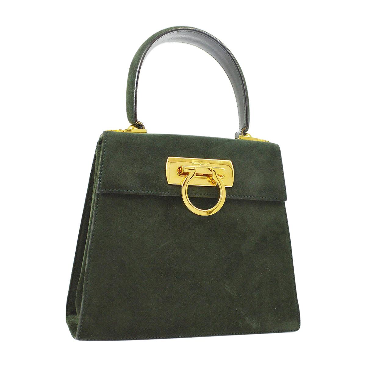 Salvatore Ferragamo Hunter Green Suede Gold Top handle Kelly Style Shoulder Bag