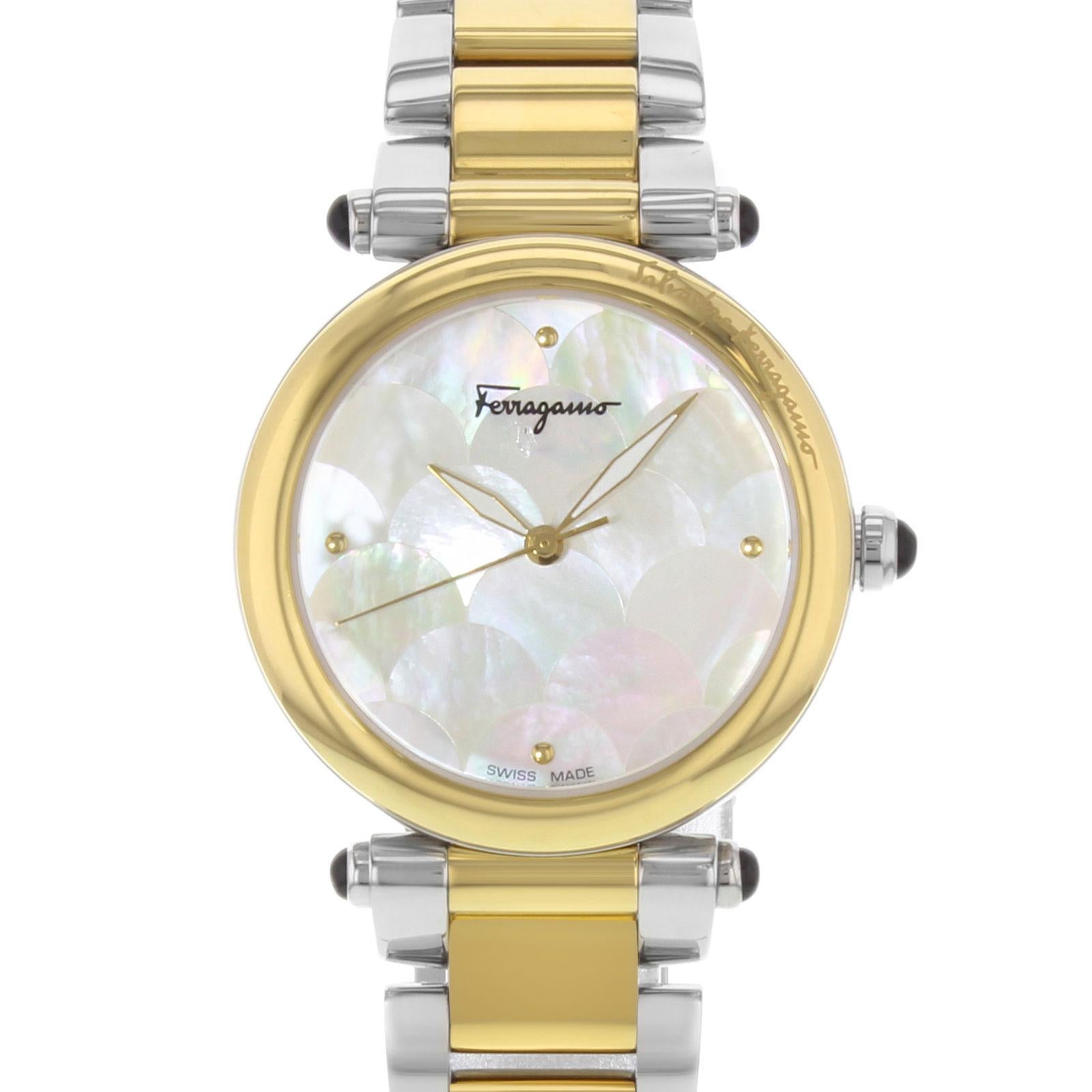 (19656)
This display model Salvatore Ferragamo Idillio FCH060016 is a beautiful Ladies timepiece that is powered by a quartz movement which is cased in a stainless steel case. It has a round shape face, no features dial and has hand dots style