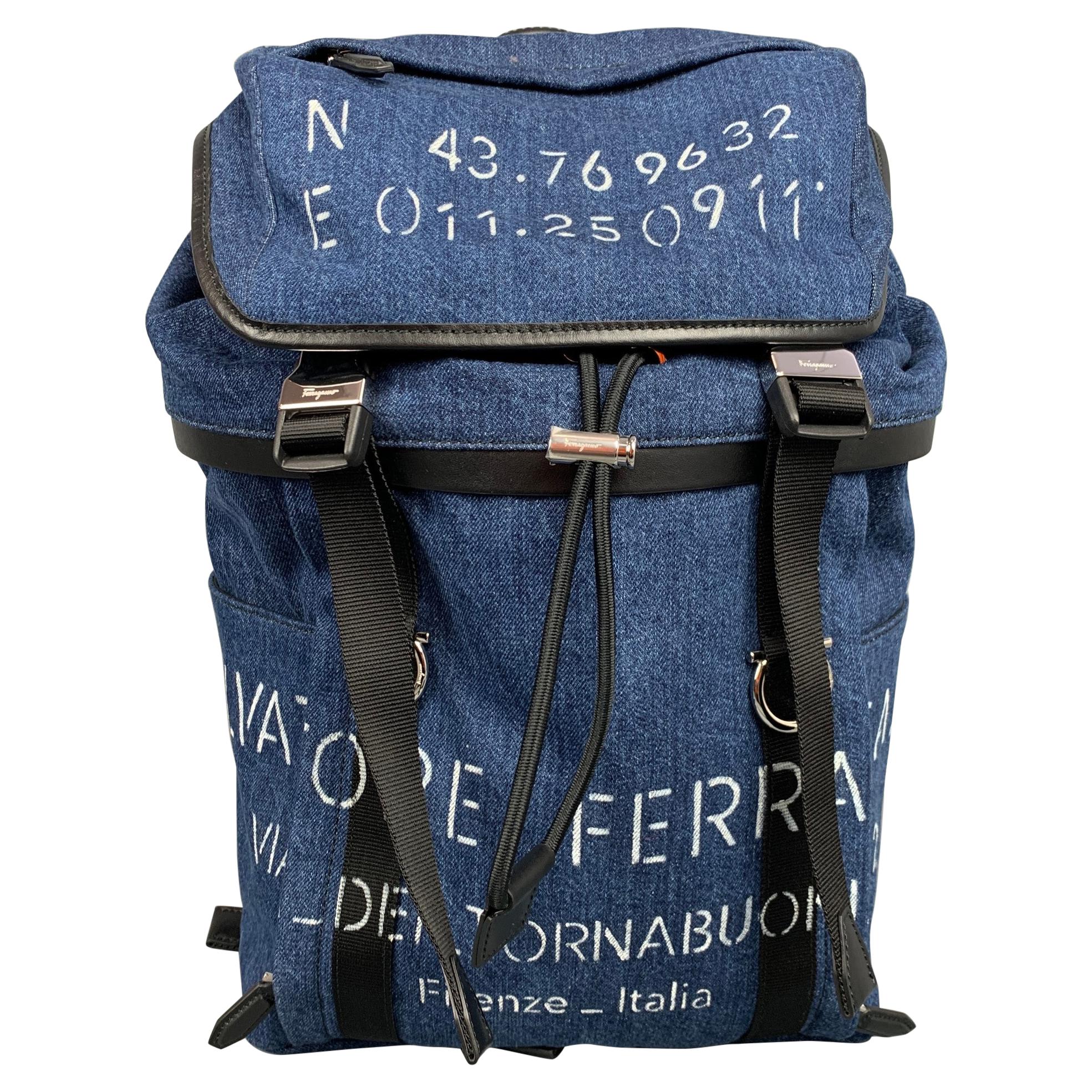 SALVATORE FERRAGAMO Indigo Print Denim Leather Trim Backpack