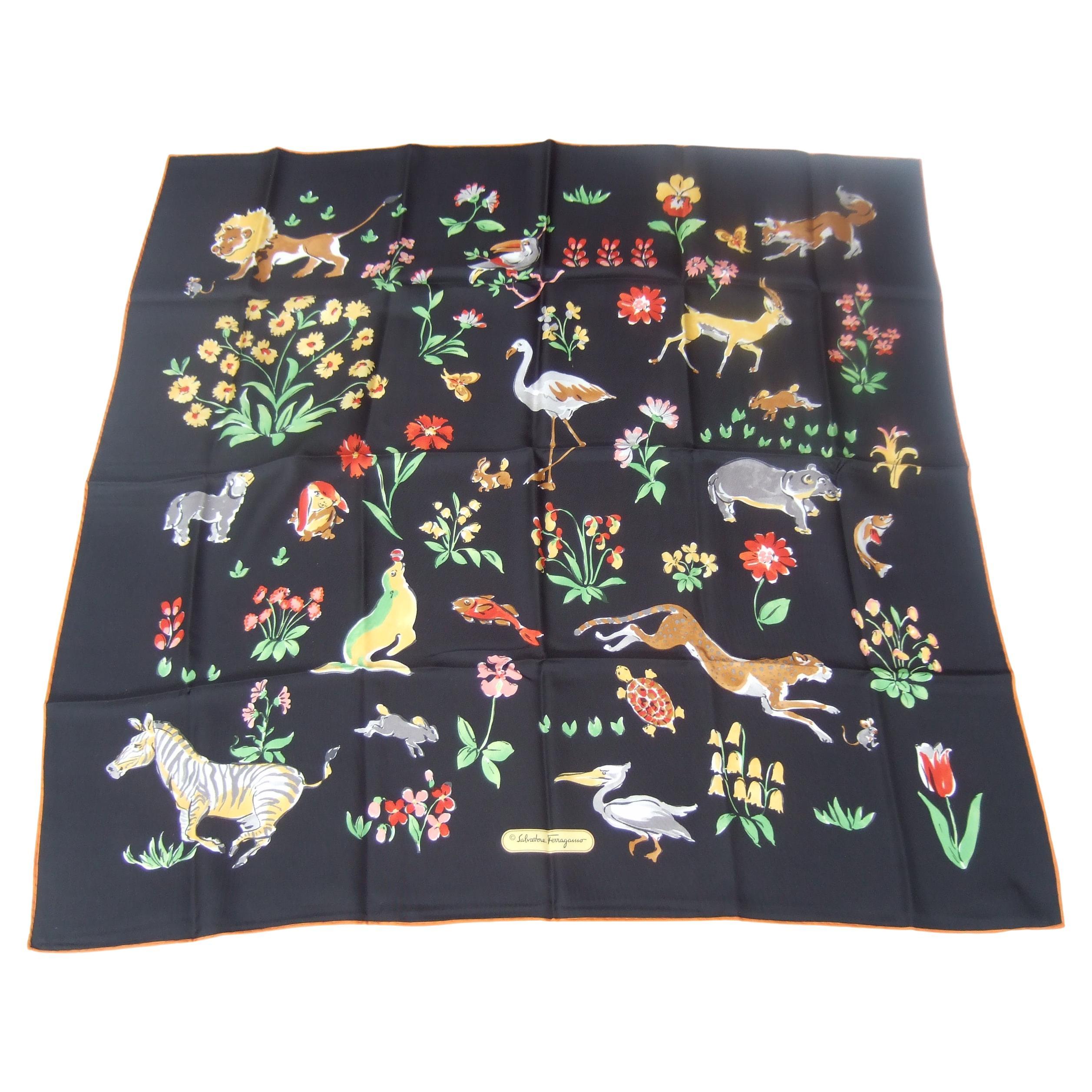 Salvatore Ferragamo Italian Silk Hand Rolled Animal Floral Scarf 33 x 33.5