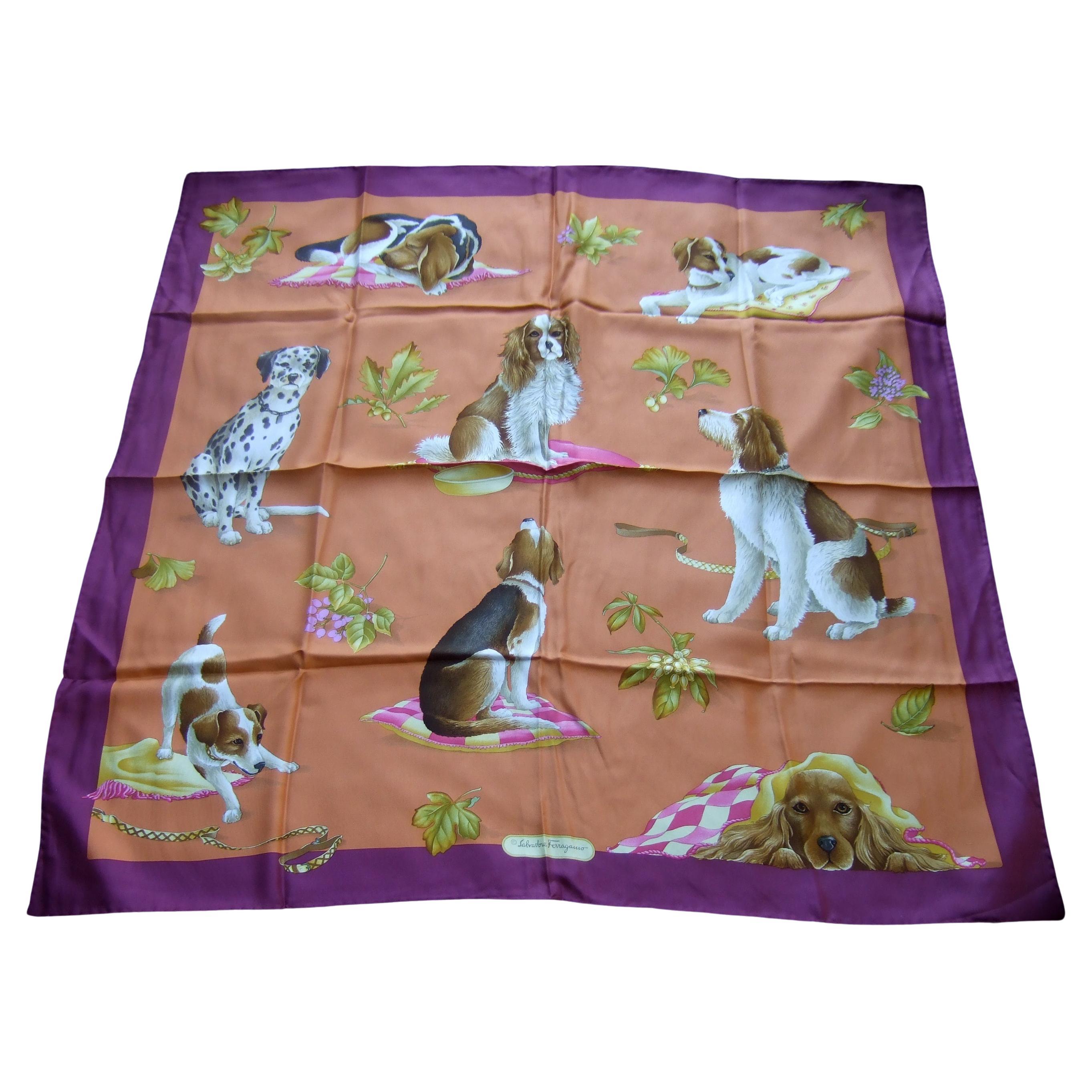 Salvatore Ferragamo Italian Silk Hand Rolled Canine Scarf c 1990s