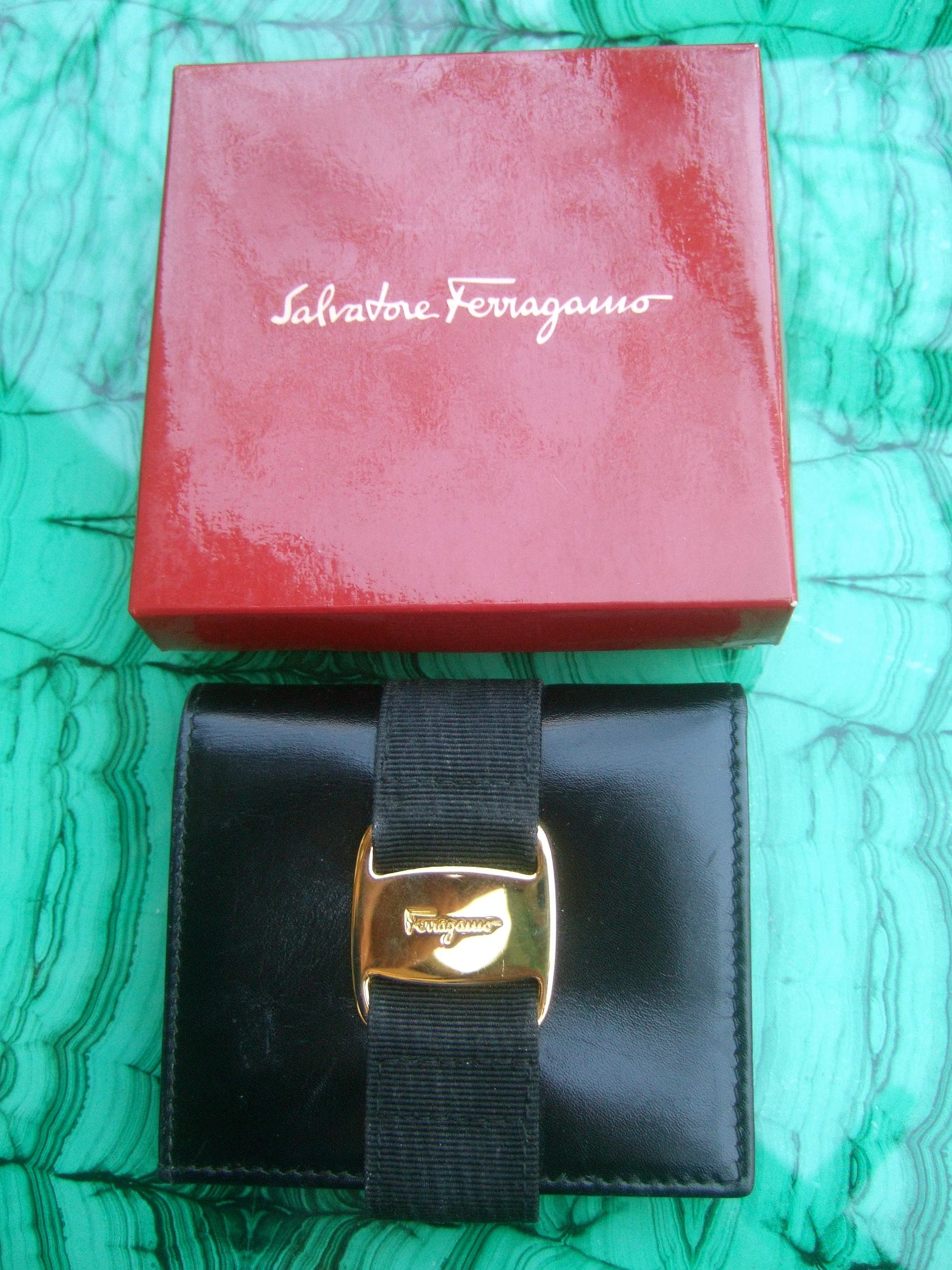 Salvatore Ferragamo Italy Black Leather Ribbon Trim Wallet in Box c 1990s 1